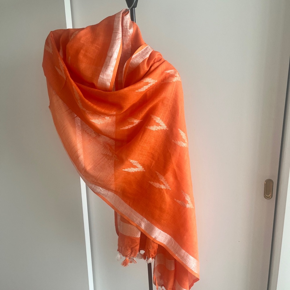 Fabindia Style Ikat Handloom Linen Shawl Wrap Dupatta Scarf Orange & Silver Zari